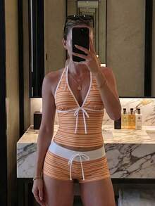 New Summer Fresh Sweet Cute Style Orange & Yellow Striped Halter Neck Bikini Set With Hipster Bottoms For Beach Vacation And Leisure - Multicolor - View 1