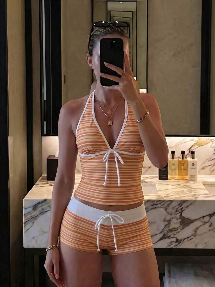 New Summer Fresh Sweet Cute Style Orange & Yellow Striped Halter Neck Bikini Set With Hipster Bottoms For Beach Vacation And Leisure - Multicolor - View 1