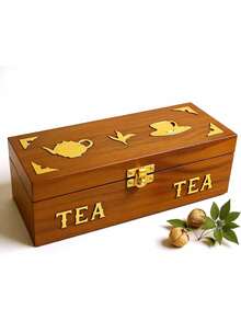Handcrafted Sheesham Wood Tea Box With Brass Inlay, Decorative Storage Organizer For Tea Bags, Artisan Crafted In India, Elegant Kitchen Gift Item (Medium) Father's Favorite Gift - Multicolor - View 1