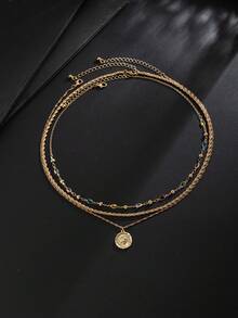 3pcs/Set Men's Gold Layered Necklace, Gemstone Beaded Design With Sun Round Pendant And Twisted Rope Chain, Stackable, Luxury Old Money Style Jewelry - Gold - View 6