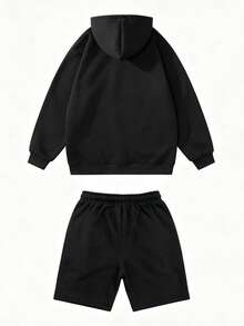 2pcs Men's Casual Hooded Sweatshirt Set, Fitness Suit, Shorts Set, Unisex, Suitable For Daily Wear & Home, 2 Pieces Set, Couples, Embroidered - Black - View 4