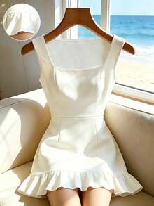 Raffinéa de moda de mujer con cuello cuadrado, sin mangas, blanco, con pliegues y volantes en el bajo, adecuado para el Día de San Valentín y citas de verano - Blanco - Ver 1