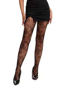 1 Pair Women's Floral Lace Tights/Thigh Highs, Vintage Black Rose Design, Sexy Lace Fishnet Stockings, Vintage Rose Pattern - Multicolor - View 5