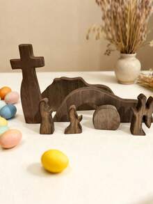 4/7pcs Wooden Easter Resurrection Scene & Cross Decor Set, Jesus Tomb Tray, Stable Scene Decoration, Suitable For Religious Places, Home Office Desk, Christian Gift, Home Figurine Decor, Easter Cemetery & Dining Table Decoration, Mother's Day Gift - A - View 8
