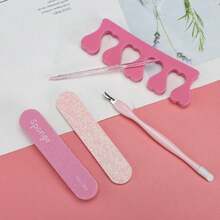 1 Set Pink Plastic Nail Soak Bowl Kit, Five-Finger Detachable Manicure Tool Set With Nail File Brush Cuticle Stick For Home Nail Care - Multicolor - View 5