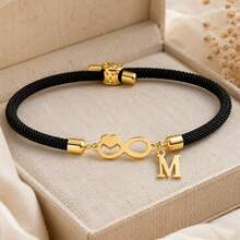 1pc New Fashion Heart Infinite Symbol Initial Adjustable Rope Bracelet For Women - Black - View 3