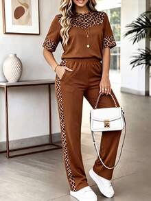 Damen Lässig Rundhals 2-teiliges Set, Leopardenmuster Kurzarm Top kombiniert mit Seitenstreifen Hose Sommer Braun - Braun - Übersicht 2