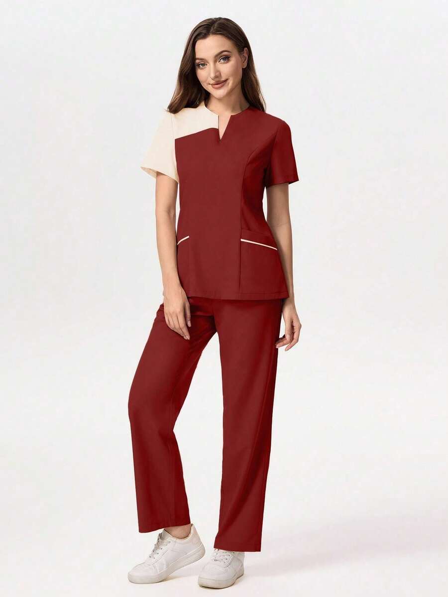 TaskEZ Medical Pajama Uniform Set With Short Sleeve V-Neck Top And Contrasting Pants - 波爾多 - 查看 1