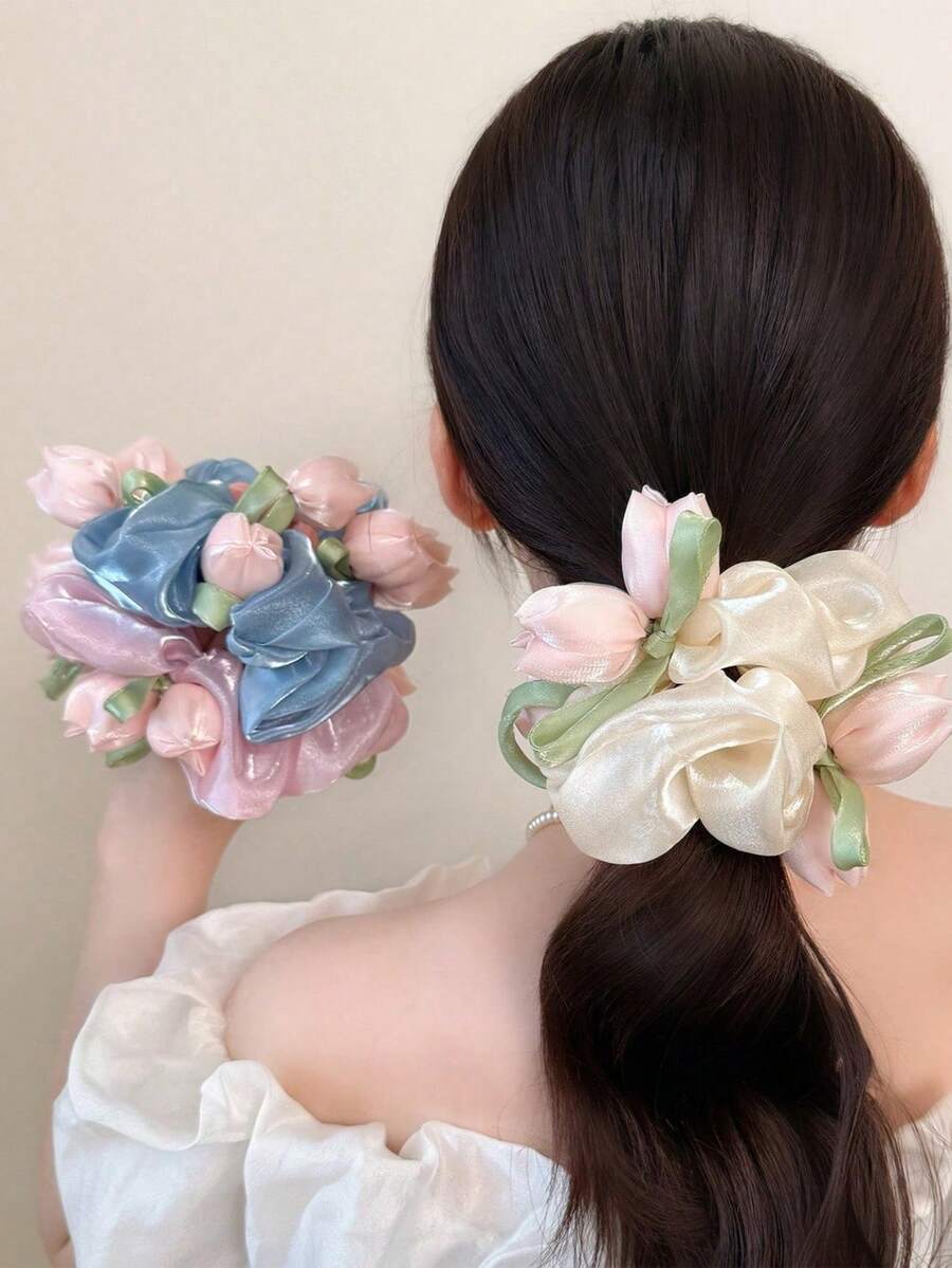 1pc Gentle Tulip Elegant Sweet Elegant Hair Tie Ponytail Hair Rope Versatile Scrunchie Hair Accessory For Women Elastics Rubber Bands - Multicolor - View 1