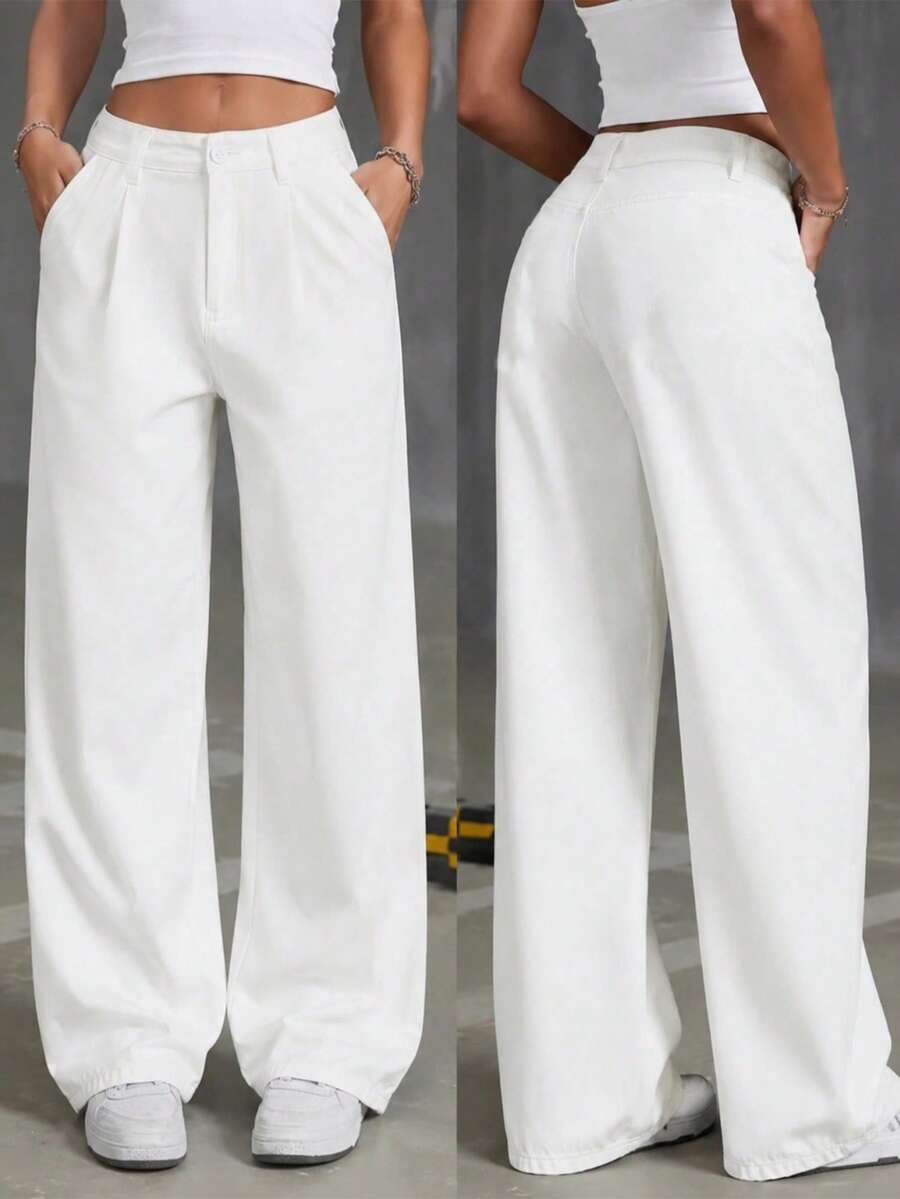1 pièce Pantalon décontracté taille haute de couleur unie pour femmes, tenue de travail, sorties décontractées, vacances et rassemblements, bas minimaliste et amincissant pour les sports pour femmes - Blanc - Voir 1