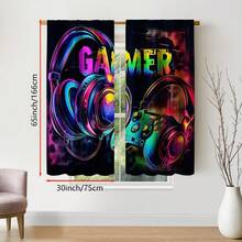 2pcs/Set Game Theme Curtains, Vibrant Headphone And Controller Design, Modern Art Privacy Decor Suitable For Bedroom, Living Room, Office Or Dorm, Polyester Fabric Machine Washable, Game Room Decoration, 2D Flat Print - Multicolor - View 12