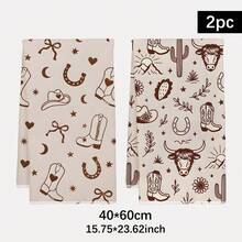 2pcs American Western Vintage Seamless Pattern Kitchen Towels, Rectangular Microfiber Kitchen Towels, Dishcloths, Scouring Pads, Hand Towels, Cooking Baking Tea Towels, Kitchen Decor, Housewarming Gift, Birthday Gift, Bathroom Cleaning Wipes, Decorative Towels - Multicolor - View 2