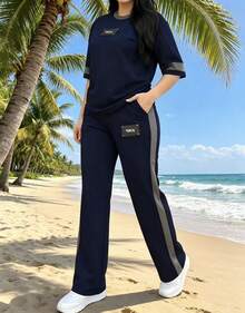 Women's Casual Fashion Outdoor Sports Suit, Crew Neck Short-Sleeve And Long Pants Two-Piece Set, Women's Running Sportswear Women's 2 Piece Outfits, - Dark Blue - View 4