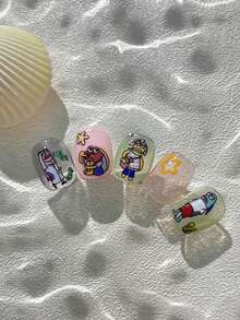 Pegatinas de uñas de verano con relieve 3D de concha brillante y pez de mar profundo, calcomanías de uñas de estilo oceánico de verano con pez pequeño de dibujos animados 3D - Multicolor - Ver 2