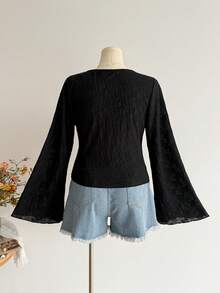 Bohemian Style Rose Textured Knit Top, Elegant Casual Romantic Ruffle Tie Top, Suitable For Autumn/Winter And Halloween Black - Black - View 5