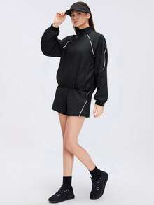 KyrLssu Minimalist Contrast Color Line Casual Shorts, Elastic Waist Loose Fit Shorts, Suitable For Various Styles Daily Matching - Black - View 4