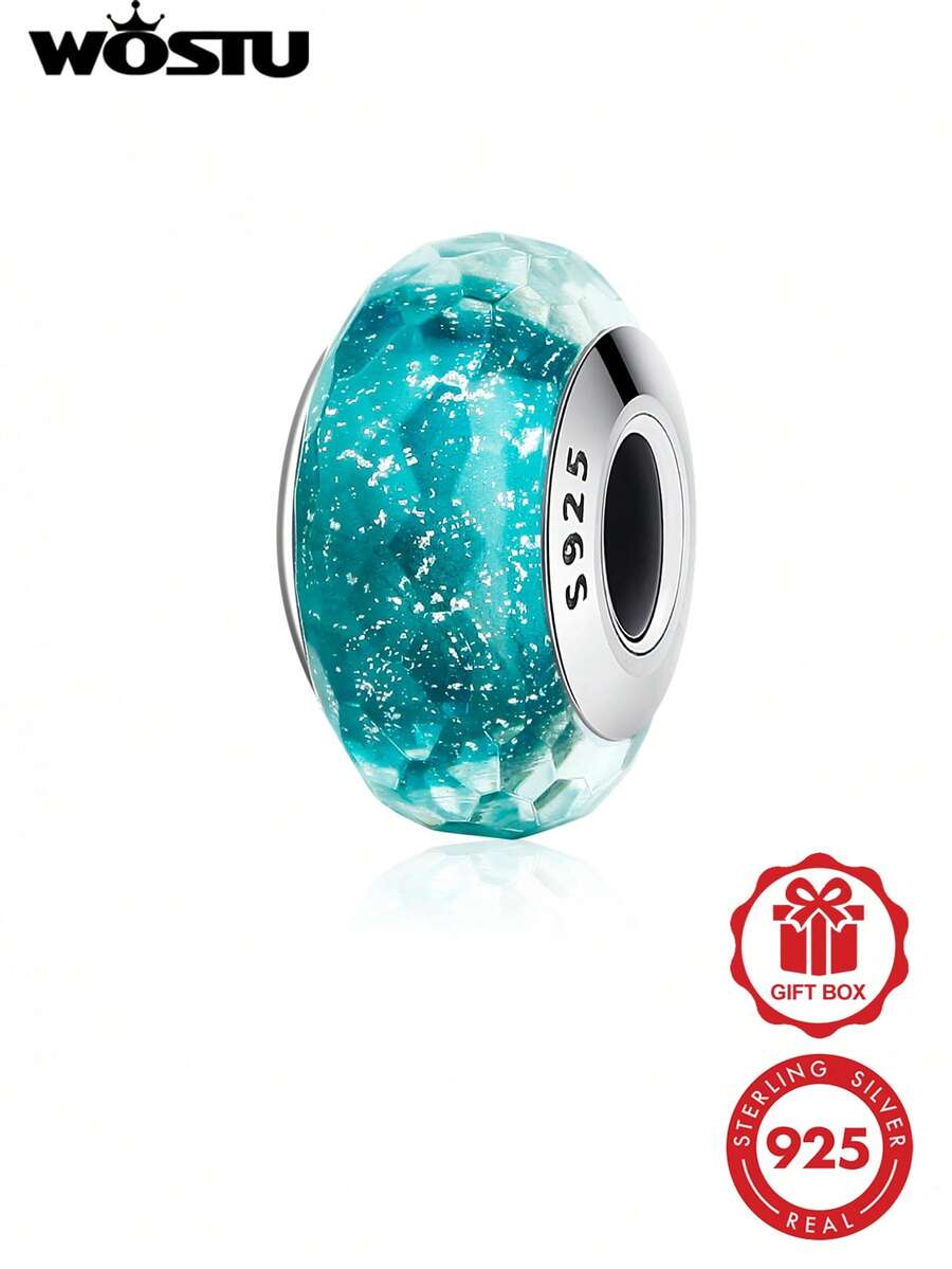 WOSTU 1pc 925 Sterling Silver Shiny Semi-Transparent Murano Glass Bead Pendant, Suitable For DIY Bracelet - Silver - View 1