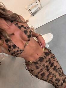 女士优雅扎染印花长裙，撞色滚边，系带露背比基尼套装，适合毕业季，豹纹印花系带露背沙滩度假夏季 - 駝色 - 查看 3