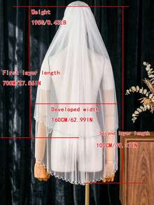 1pc Double Layer Crystal Beaded Edge Wedding Veil, Heavy Work Bridal Short Veil, High Quality Soft Tulle - Multicolor - View 7
