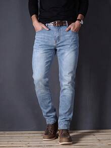 Men's Casual Light Blue Slim Straight Leg Jeans, Everyday Commute All-Season Versatile All-Match Denim Pants - Light Wash - View 3