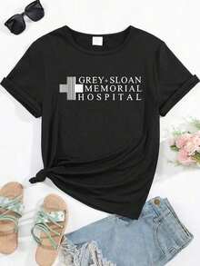 1pack1 pieza de camiseta para mujer con el logo del hospital Memorial Sloan en gris, para el Día de San Valentín, camiseta casual de cuello redondo de algodón puro de y 100% algodón, los dis - Negro - Ver 1