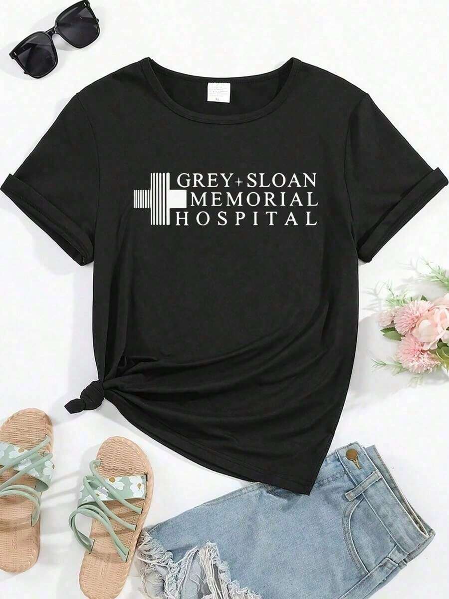 1pack1 pieza de camiseta para mujer con el logo del hospital Memorial Sloan en gris, para el Día de San Valentín, camiseta casual de cuello redondo de algodón puro de y 100% algodón, los dis - Negro - Ver 1