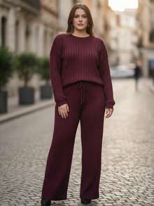Plus Size Women's Ribbed Knit Set For Winter - Blouse And Wide-Leg Pants - Color caoba - Ver 3