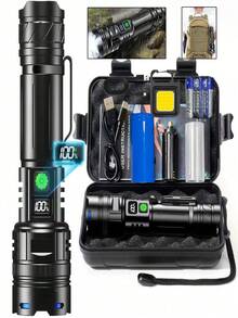1 paquete Juego de Linterna Táctica Recargable, Linterna LED de Alta Luminosidad con Zoom e Indicador de Nivel de Batería, Linterna de Mano Impermeable con Batería 26650 y Adaptador de Batería AAA, Adecuada para Camping y Emergencias - Juego de linternas - Ver 7