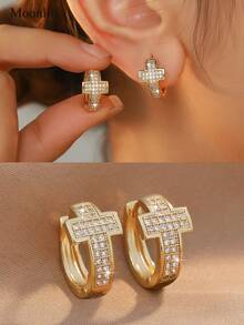 1 Pair Classic Zirconia Inlaid Cross Earrings, Exuding European And American Luxury Charm, Inlaid With High Luster Zirconia, Minimalist And Fashionable Design Suitable For Any Occasion, Exquisite And Compact Clip-On Design Convenient For Commuting And Daily Wear. - Cross - View 1