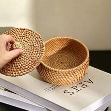 1pc 5.51*3.54 Inch Woven Drum-Shaped Storage Box With Lid, Japanese Style Bedroom Bedside Desk Mini Trash Can With Lid, Household Living Room Tea Table Woven Remote Control, Tea Canister, Nut Storage Basket - View 5