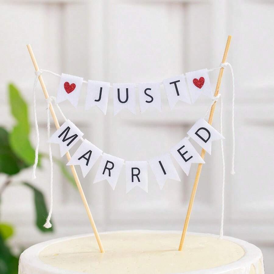 Rustic Just Married Wedding Cake Topper – Vintage Paper Banner, Pre-Assembled Decoration For Wedding Cakes, Cookie Towers & Dessert Displays - Just Married - View 1