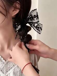1pc Girls Elegant Braided Black Lace Bow Beaded Spiral Telephone Cord Hair Tie, Suitable For Daily Wear And Party, Essential Fashion Hairstyle Accessory - Multicolor - View 4