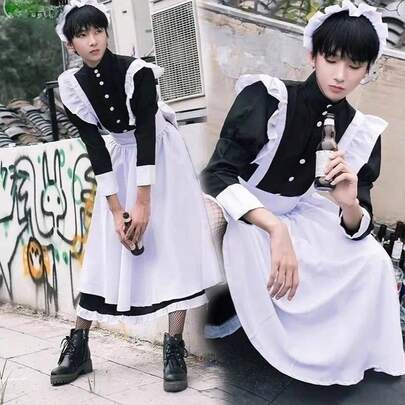 コスプレメイドコスチューム　フリル付きエプロンとヘッドピースが付いた黒と白のロングドレス　テーマパーティーやイベントに最適