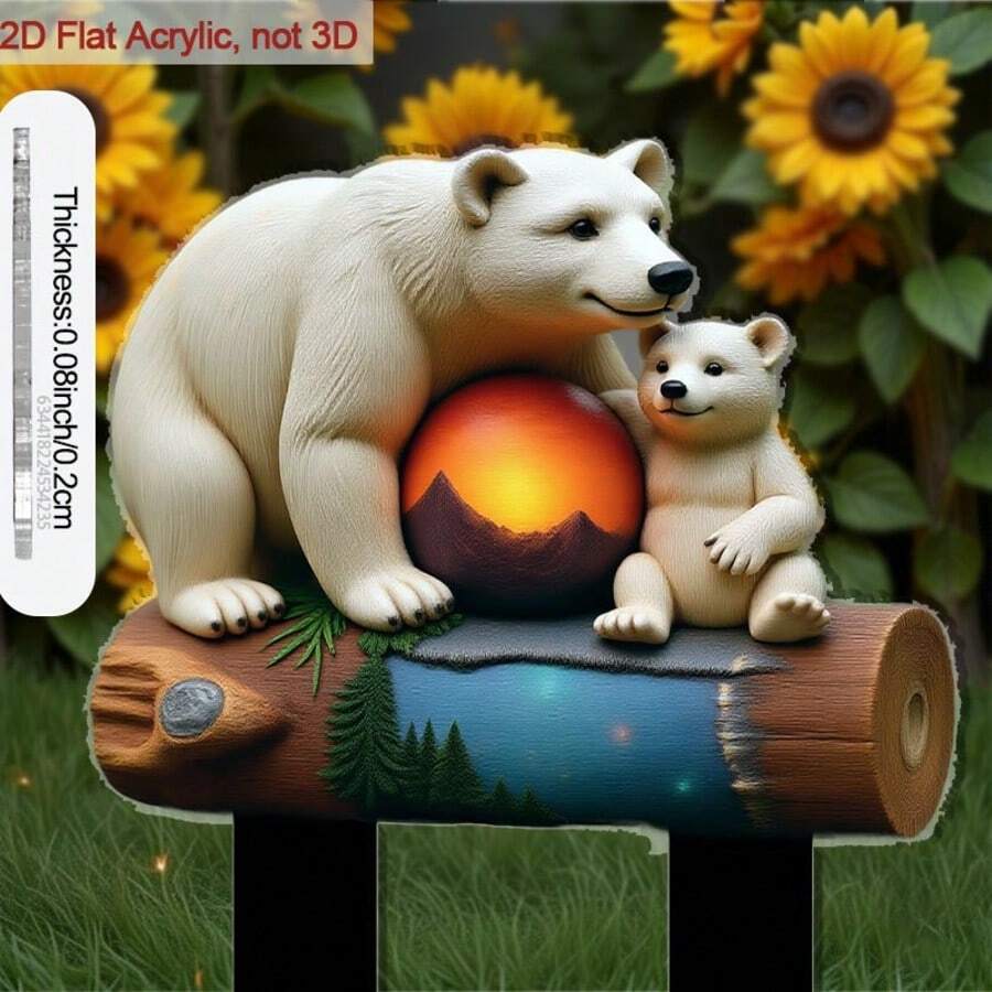 2D平面北極熊花園裝飾品-可愛北極動物地插,帶尖底,平面壓克力庭院裝飾,適用於戶外室內、花盆、花園,安裝簡單無需工具,野生動物愛好者的完美禮物 - A - 查看 1