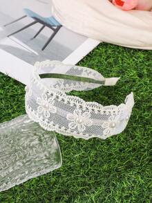 1件女款白色花卉蕾絲寬邊髮箍，波浪邊網格仿珍珠裝飾髮環，輕盈優雅髮飾，適合日常野餐與田園風穿搭 - 白色 - 查看 8