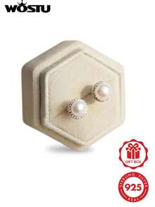 WOSTU 2ct 925 Sterling Silver Classic Round Fresh Water Pearl Stud Earrings With Romantic White Gift Box For Women Fine Jewelry Girl Wedding Bridal - White - View 2
