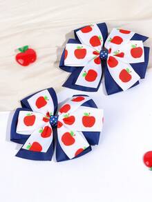 2 piezas de pinzas para el cabello con lazo y estampado de manzana en blanco & azul marino para niñas, bonitas barretas, pinzas de cocodrilo, primer día de escuela, accesorios para el cabello de uso diario casual - Multicolor - Ver 5