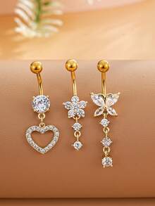 3pcs Stainless Steel Navel Ring Set Butterfly Heart Flower Inlaid Shiny Zirconia Sexy Belly Piercing Jewelry 18K Gold Plated For Women - Yellow Gold - View 6