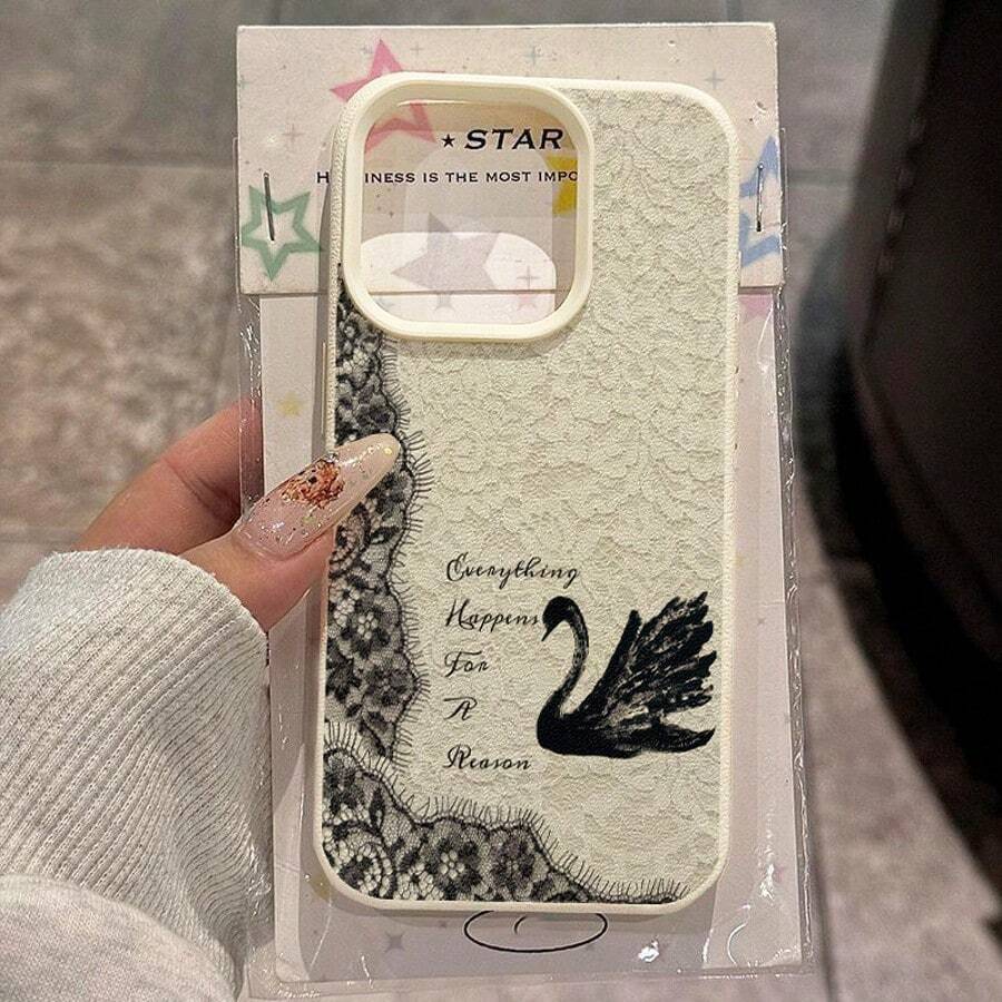 1個 TPU復古優雅黑白蕾絲黑天鵝標語圖案手機殼,全覆蓋防震軟殼保護套,適用於 iPhone 17 Pro Max/17/16 Pro Max/15/13/12/11/S20 FE/A15/S24/A55/Note 11/Note 12/Note 13 Pro - 白色 - 查看 1