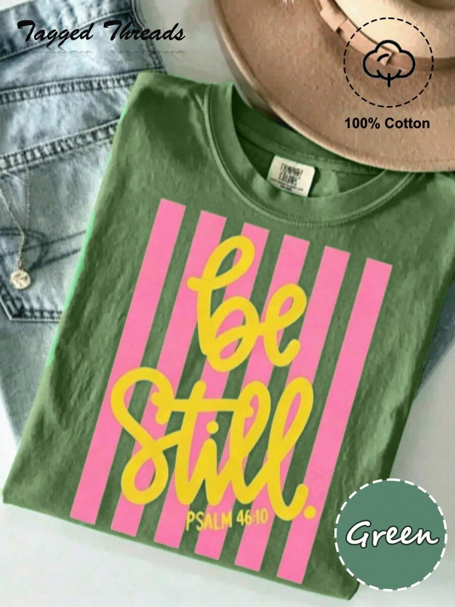 [100% Cotton] Be Still Shirt - Love Like Jesus Girly Pink Stripes T-Shirt Coquette Aesthetic Faith Spring Tee Unisex Women's & Men's Campus Daily Wear - 綠色 - 查看 1