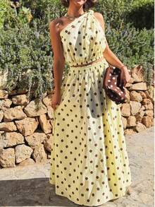 New Elegant Polka Dot 2-Piece Set, Graceful Formal Party, Vacation, Date Night, Suitable For All Seasons With Elastic Waist Summer - Yellow - View 1