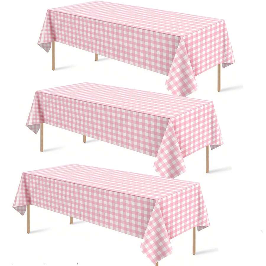 1pc/3pcs Pink And White Plaid Plastic Tablecloth, 54 X 108 Inch Disposable Rectangular Tablecloth, Suitable For Birthday, Graduation Party, Wedding, Anniversary, Bachelor Party, Theme Event Decoration - Multicolor - View 1