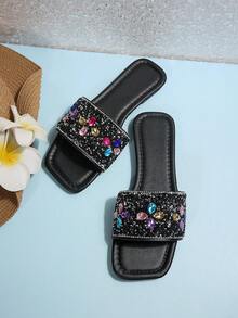 Women's Black Rhinestone Flat Slides, Square Toe Open Toe Slip-On Sandals, Shiny Crystal Summer Casual Mules - Black - View 7