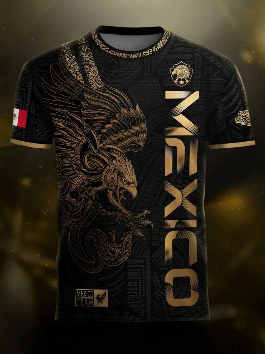 TIN "Mexico Golden Eagle" Football Shirt, Heritage Of The Warrior, Fitted And Casual Long-Sleeved Design, All-Over Print For All Seasons - 黑色 - 查看 1