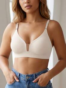 1件女款休閒極簡純色深V領細肩帶露背性感舒適無縫黏貼式胸罩，適合婚紗穿著 - 白色 - 查看 9