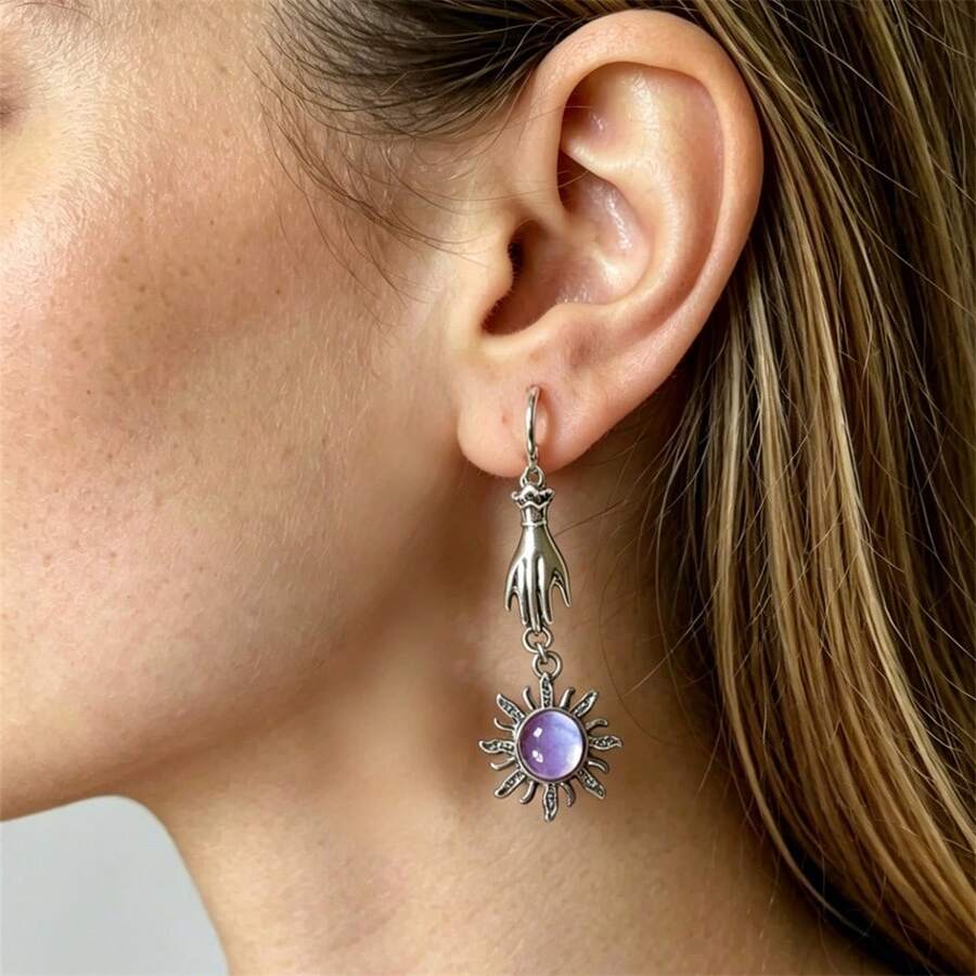 BMOR Silver Sun Evil Eye Earrings, Purple Detail, Mysterious Punk, Gothic Princess, Dark Bold, Edgy Sophisticated, Women Fashion Jewelry Statement Earrings - Gothic Earrings - View 1