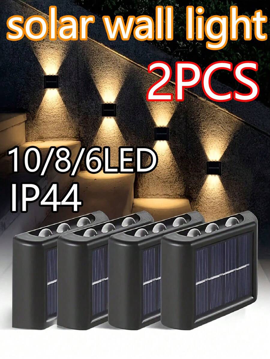 2pcs Solar Up & Down Light Wall Lamp, 10/8/6 LED Waterproof Outdoor Wall Light, Auto On/Off Warm White Landscape Lighting, Suitable For Yard Fence Stairs - 2PCS - View 1