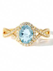 1 pieza Anillo elegante de mujer con circonita cúbica azul marino, adecuado para regalo de Día de San Valentín, Navidad, boda, compromiso, fiesta de aniversario, joyería - Dorado - Ver 2