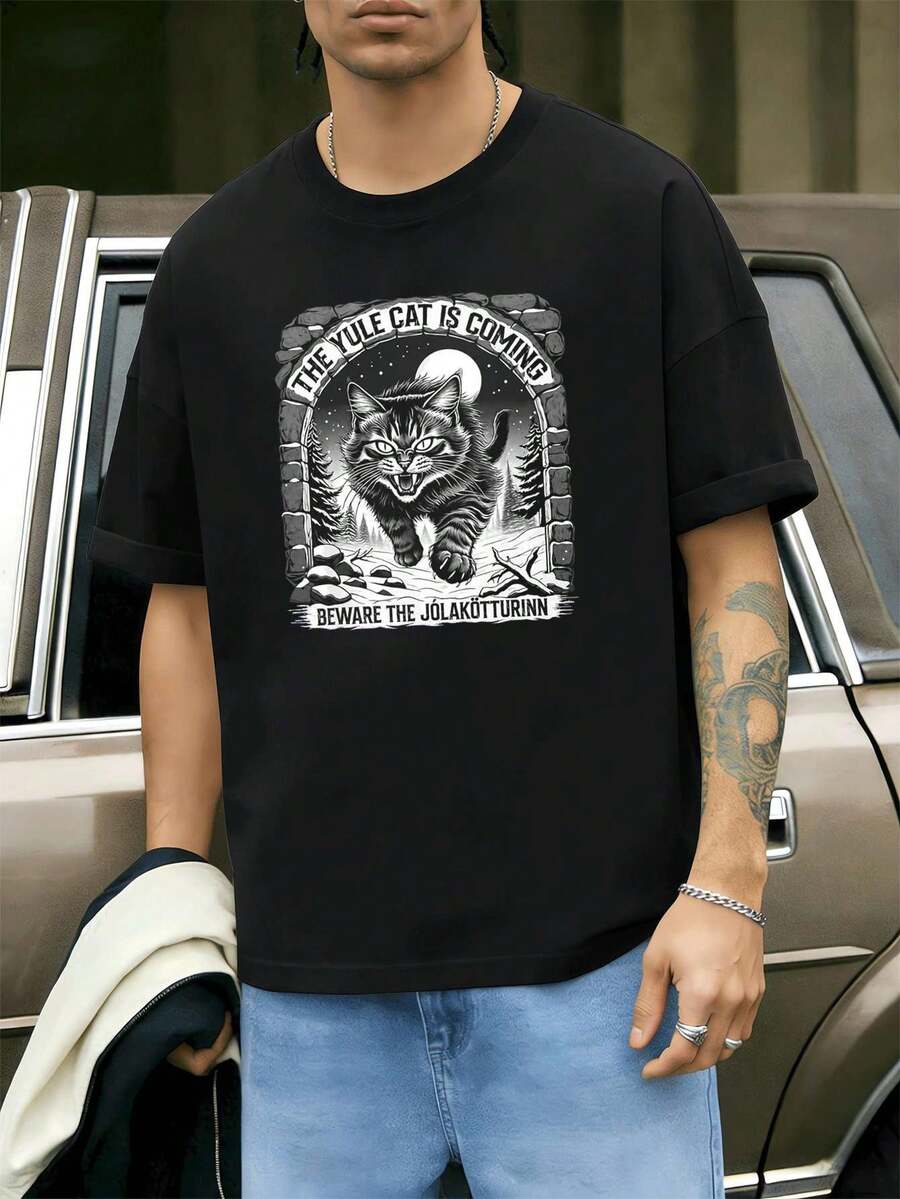 Schwarzes Herren-T-Shirt mit Katzenmotiv von Yule, weiche Baumwolle, bequeme Passform, l?ssig, komfortabel, Grafikdesign, Neuheit - Schwarz - Übersicht 1