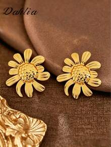 1 Pair Gold Sunflower Earrings, Stainless Steel Material, Unique Sunflower Flower Design, Suitable For Women, Party Gift Choice, Showcases Personalized, Vintage Jewelry, Women's Earrings, Mother's Day Or Valentine's Day Accessories, Women's Stud Earrings - Multicolor - View 1